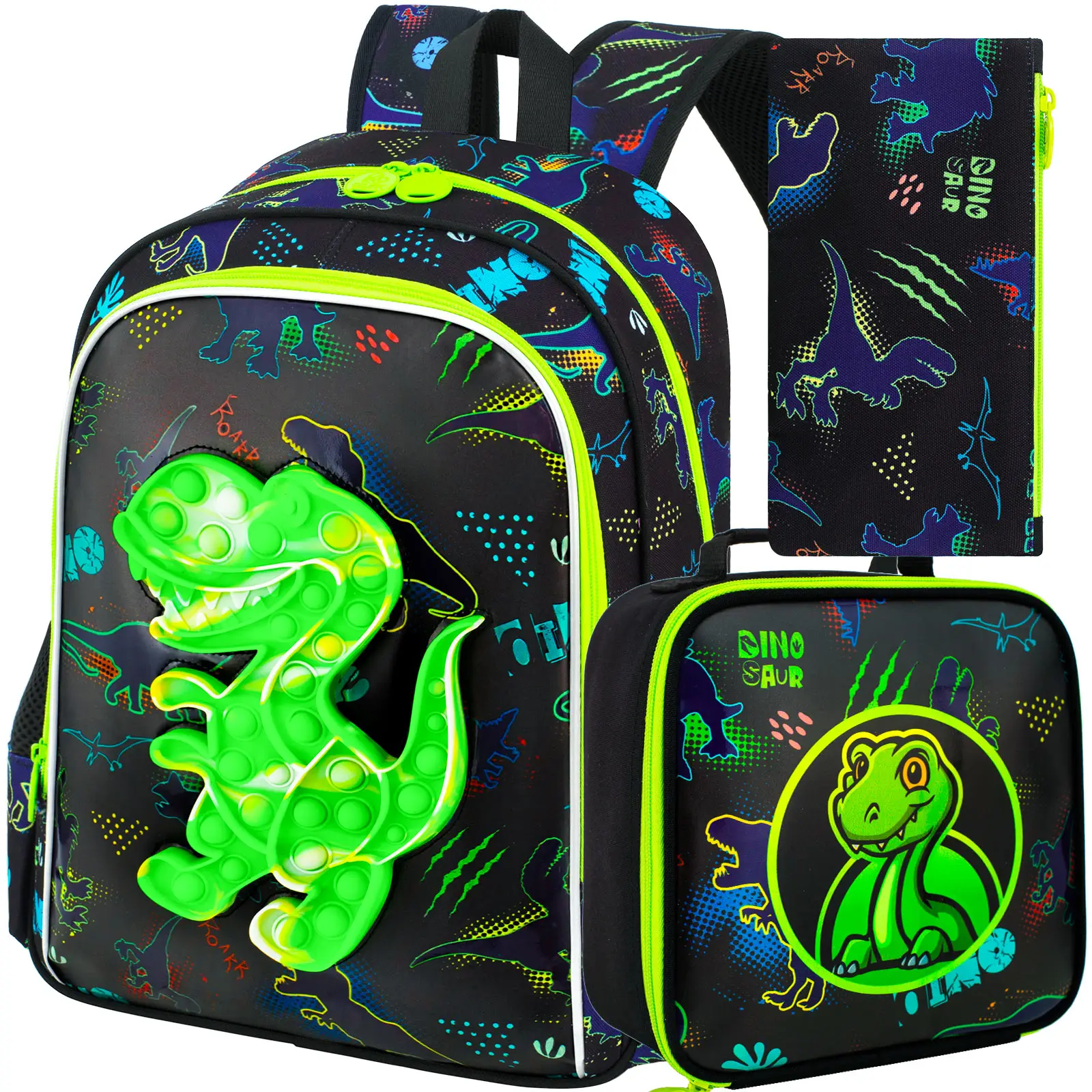3PCS Dinosaur Backpack for Boys, 16”Kids Water Resistant Elementary Preschool Kindergarten School Bookbag with Lunch Box - Green