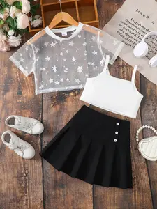 Girls' Fashion Casual Set, Star Pattern Mesh Jacket & Tank Top & Pleated Skirt Three-Piece, Ages 8-12, Stylish and Comfortable, Short Sleeve Top, Unique Star Pattern