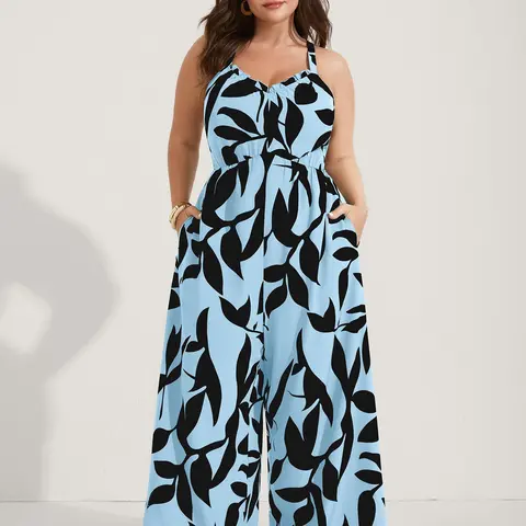 BloomChic Women's Plus Size Boho Wide Leg Jumpsuit - Plus Size Fashion, Overalls for Women, Geometric Print, Sleeveless V-Neck, Lightweight Wide Pants, Pockets, Casual Summer Vacation Outfit [M-6X]
