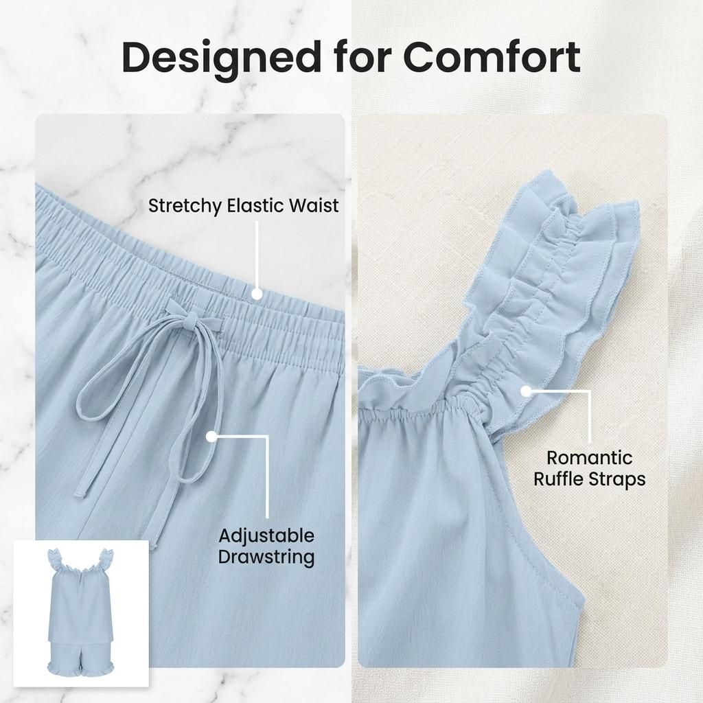 Womens Pajamas Set 2 Piece Ruffle Pj Soft Tank Top and Shorts Sleepwear Set Bridal Pajama for Women Set