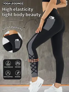 Crossover Straps Color Block Pocket Outdoor Sports Pants Stretchy High Waist Yoga Pants，Women's  Sports trousers，Suitable for All-Seasons Wear