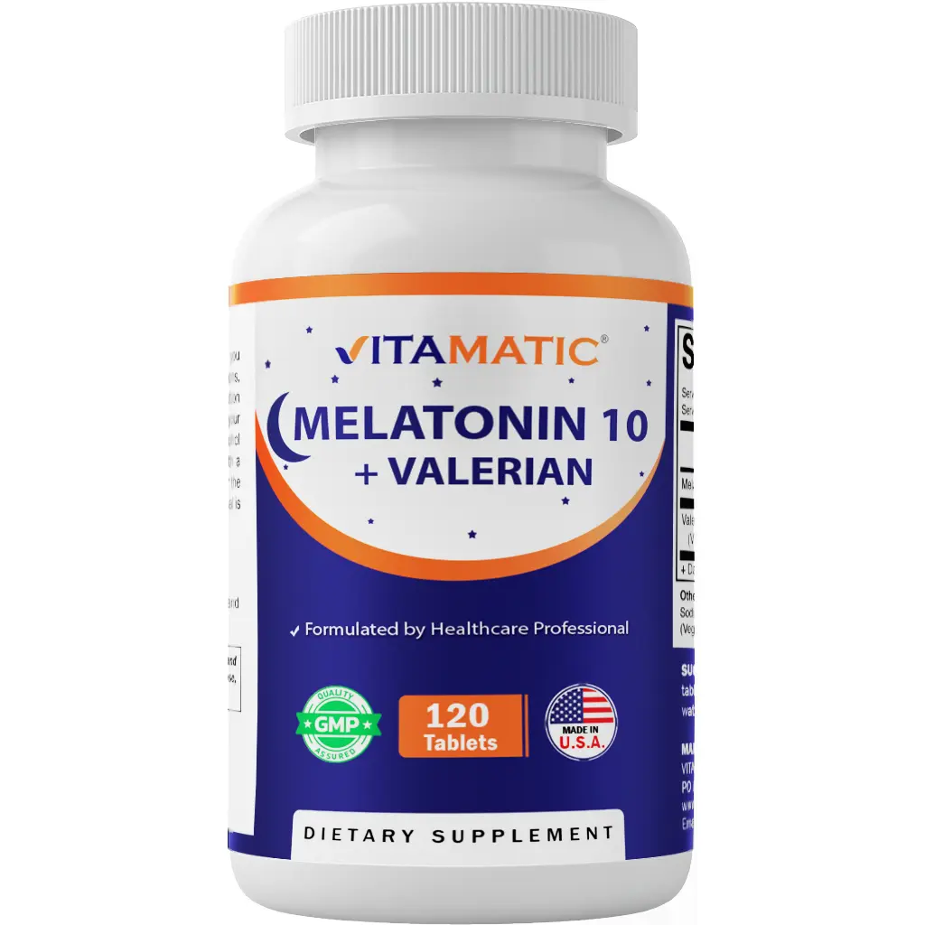 Vitamatic Natural Melatonin Sleep Aid Self Care Products - 10mg Melatonin, 4:1 250mg Valerian Root Extract, 120 Tablets, Non-GMO, Free of Lactose, Sugar, Yeast, Wheat, Egg & Artificial Flavors/Preservatives, Drug-Free Supplement