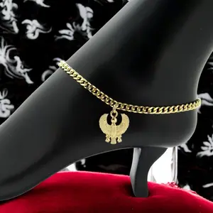 MaxBling81 Women's Egyptian Motif Horus Bird Charm Anklet - Female Chain Jewelry Anklets, 4mm 10-in Cuban Chain, Polished Finish, Gold Metal Coating Daily Accessory