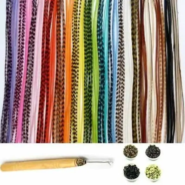 10 Genuine Rooster Feather Hair Extensions Kit, Assorted 7-11 Inch Feathers, 10 Silicone Micro Beads, Pulling Hook Tool, DIY Festival Boho Hair Accessories