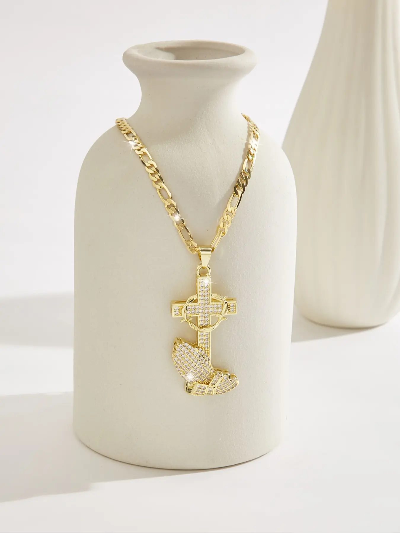 Men's Hip Hop Praying Hands Cross Pendant Necklace, Faith Necklace, Cuban Link Design Chain, Plated Luxury Jewelry Gift, Religious Symbolic Accessory for Him