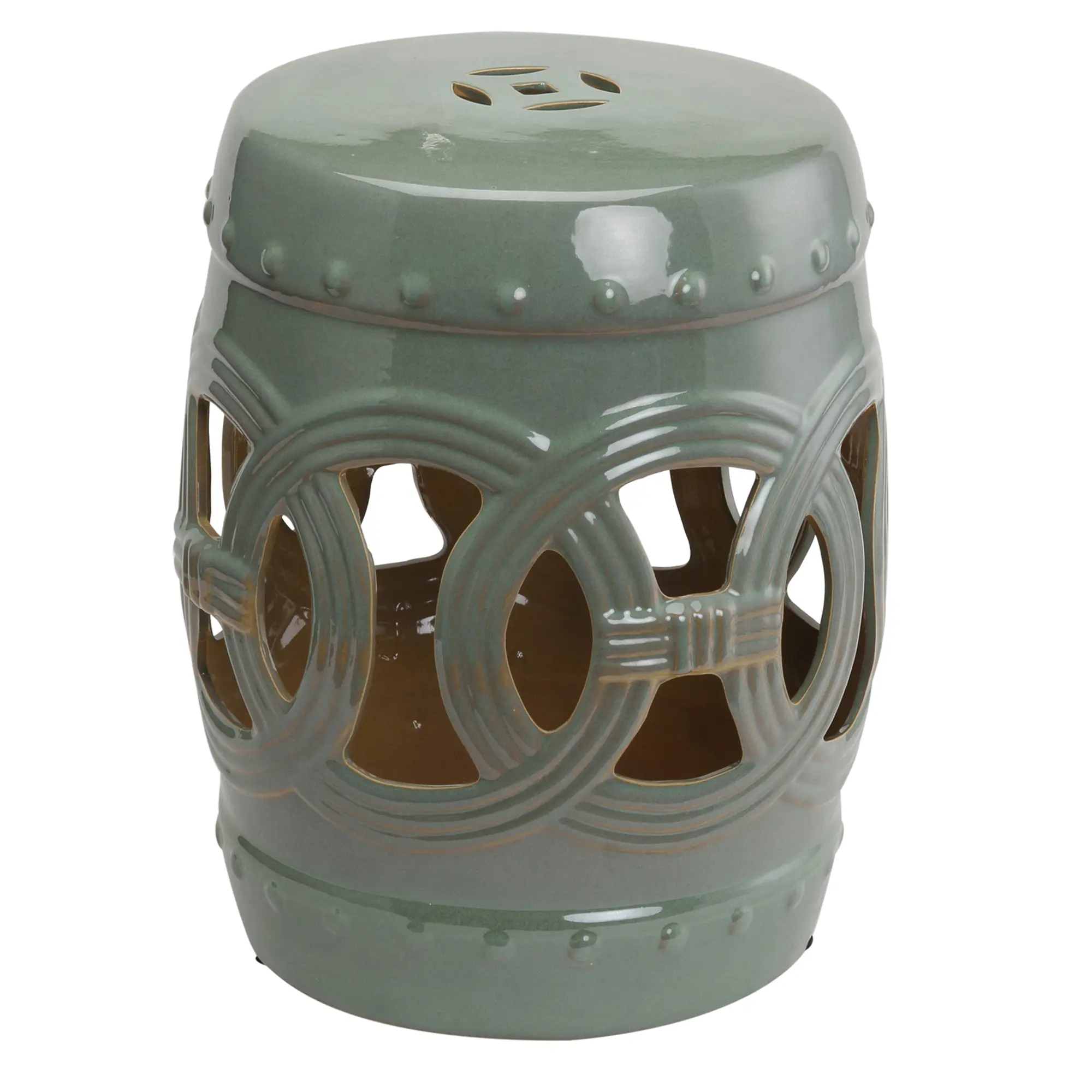 14" x 17" Glazed Green Ceramic Garden Stool - Double-Coin Knotted Ring Design, Decorative Outdoor Furniture Stool
