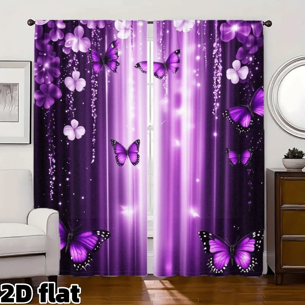 2D Flat 2Pcs Purple Butterfly Floral Print Curtains Romantic Starry Design Semi Sheer Rod Pocket Panels Light Filtering Window Treatment for Home Decor Privacy Protection, Home Decorative Curtain Home Decoration Curtain