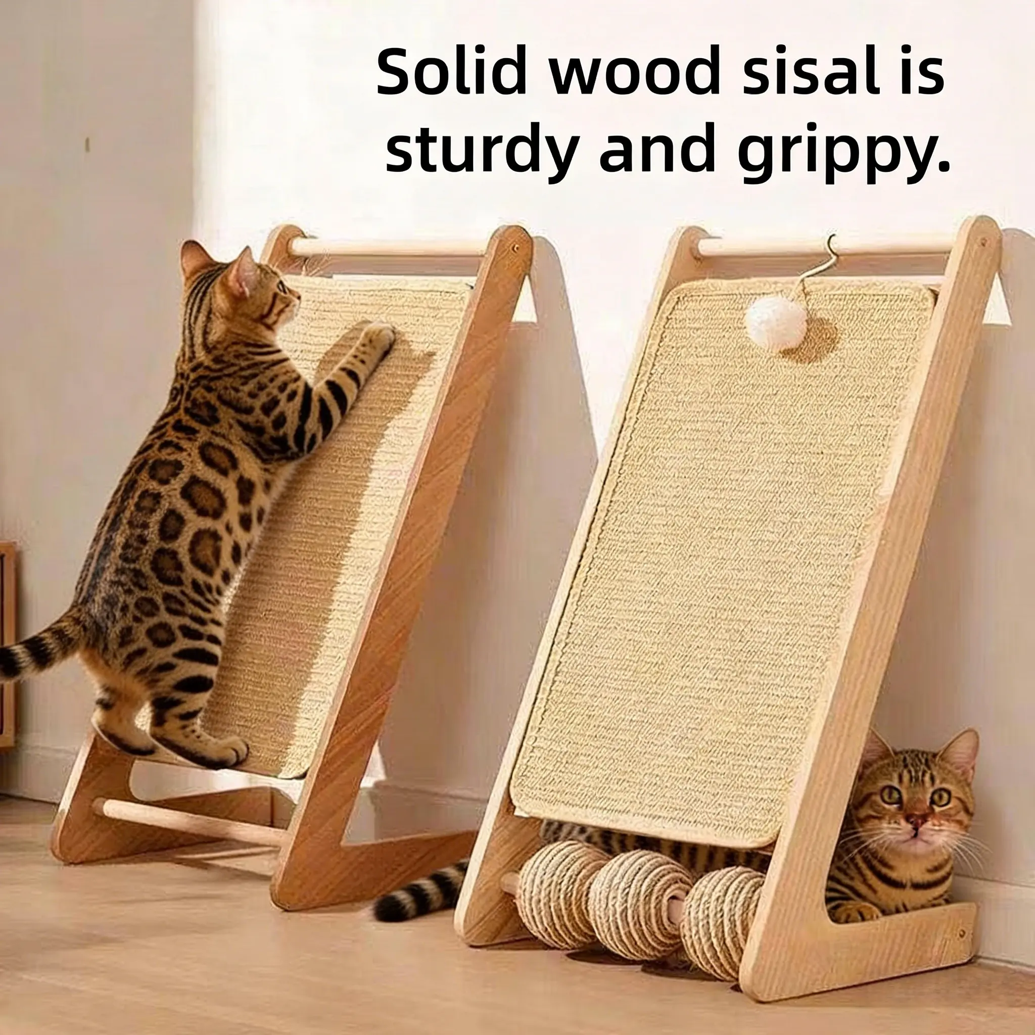 3-in-1 Wooden Cat Scratcher with Sisal Scratch Board, Interactive Toy Ball & Convertible Cat Lounge Bed for Indoor Cats
