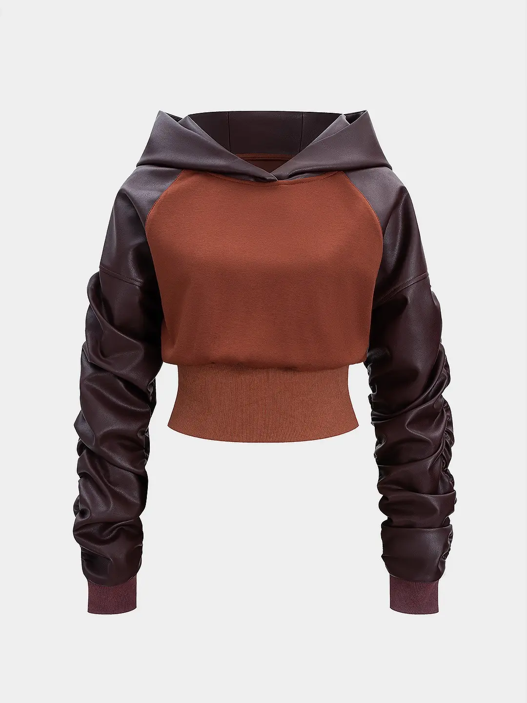 Faux Leather Patchwork Hoodie Casual Daily Wear - Jersey Knit & Faux Leather, Regular Fit Hooded Neck, Mid Stretch, Contrast Color Panels, All-Season Women's Casual Pullover