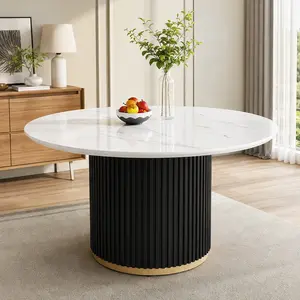 ARCH 46 Inch Round Faux Marble Dining Table for 4-6 People, Black Fluted Metal Base with Gold Accent, White Faux Marble Top, Laminated Finish, Easy Assembly, Kitchen Dining Room Furniture, Multiple Color Options, MDF+Metal/Metal & Wood Material