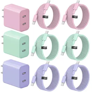 SANPRIO For iPhone 17 Charger Quick, Charging 2Pack 40W Dual Port USB C Charging Block with 4Pack 10FT USB C to C Fast Charger Cord for iPhone 16/15 Plus/16 15 Pro Max Green Colorful Cellphone Cable