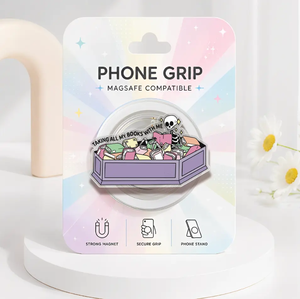 Taking All My Books With Me MagSafe Phone Grip, Cute Skeleton Reading Coffin Phone Holder, Halloween TBR Pop Socket, Spooky Bookish Phone Accessory, Gift for Bookworms