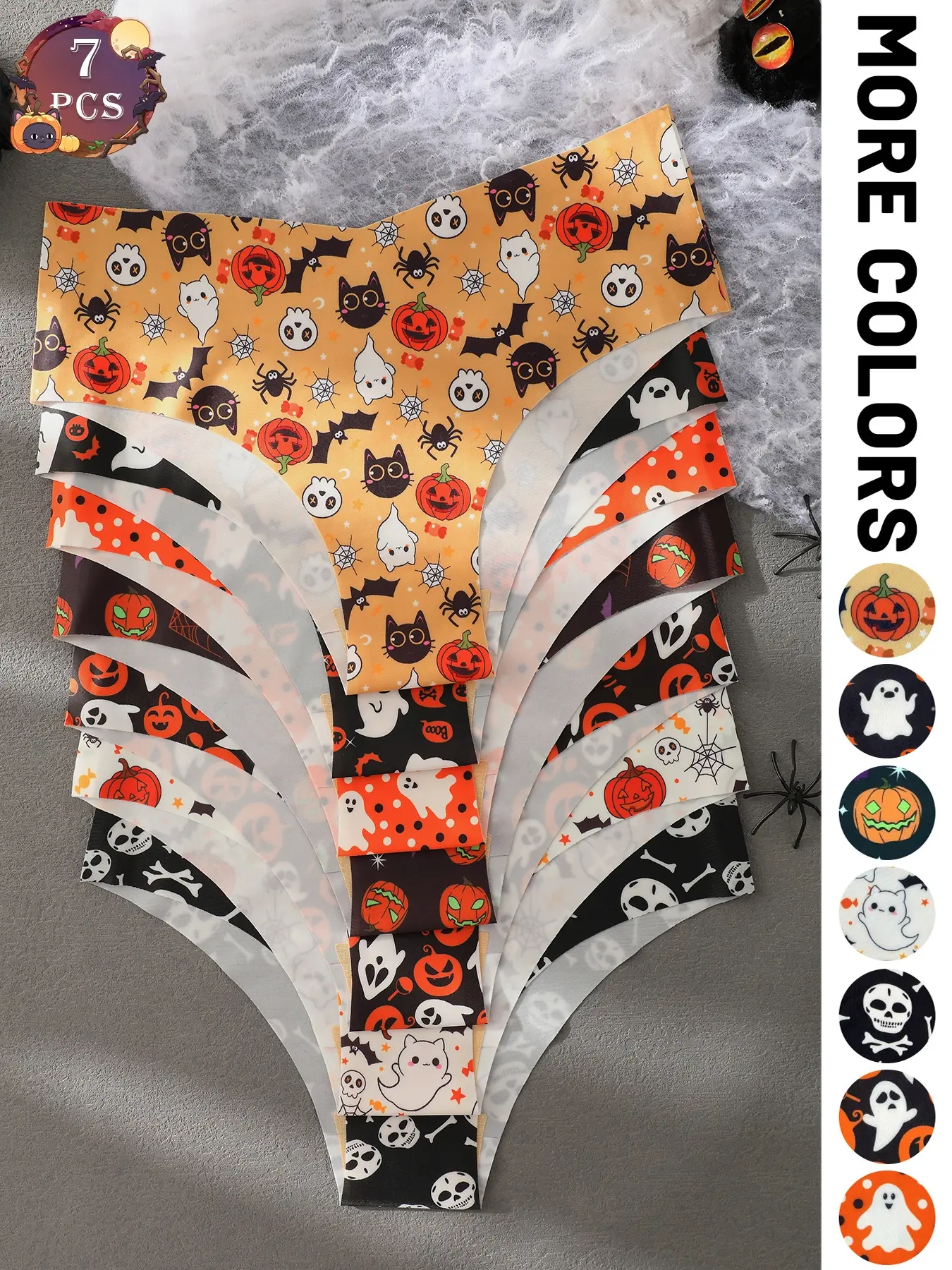 7-piece Halloween pumpkin print low-rise fitted panties, various fun patterns women's underwear, sexy and comfortable, Lingerie Underwear