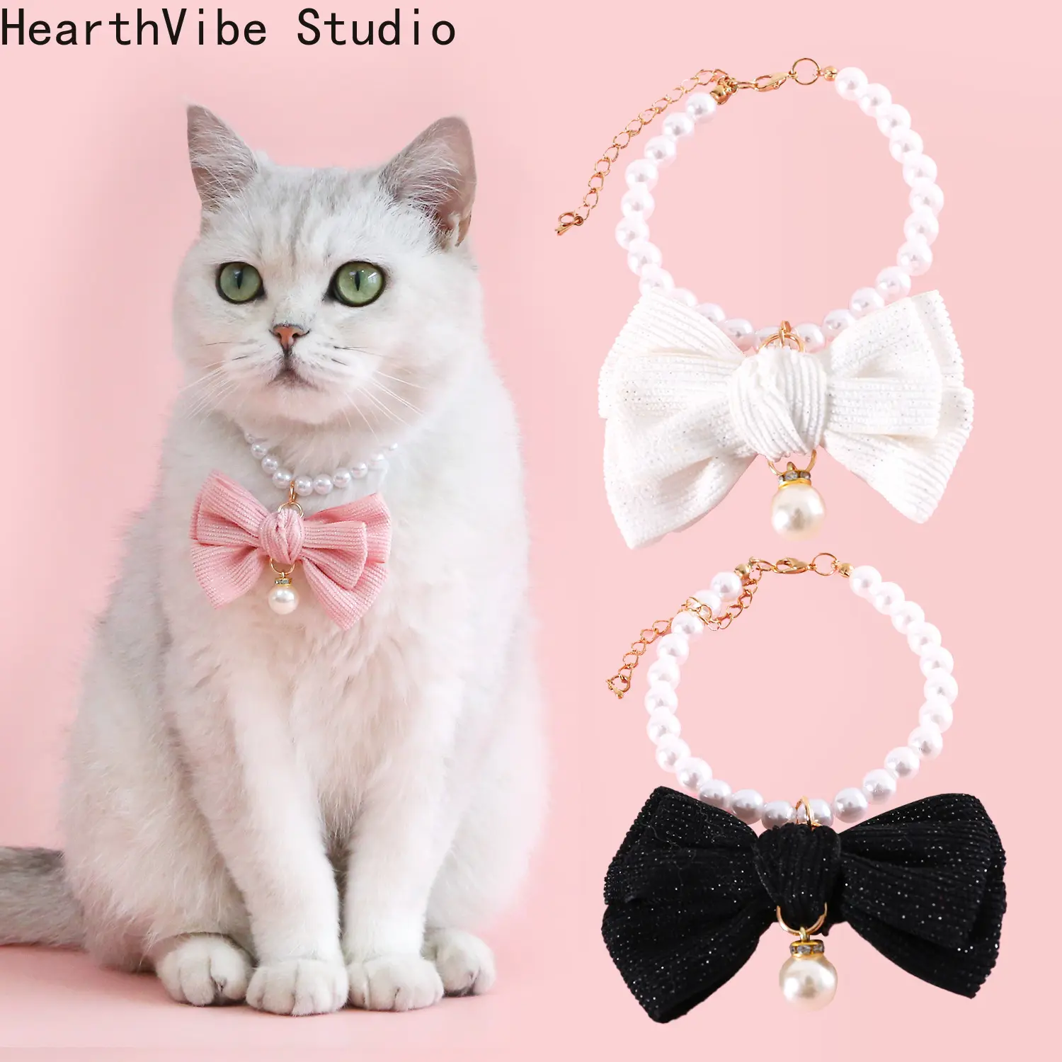 Kitty Collar, Princess-Style Cat Necklace with a Velvet Bow, Faux Pearls, and Rhinestone-Accented Bowknot Pendant for Birthdays, Kitten, Cute Bow Detail, M(30-37Cm)