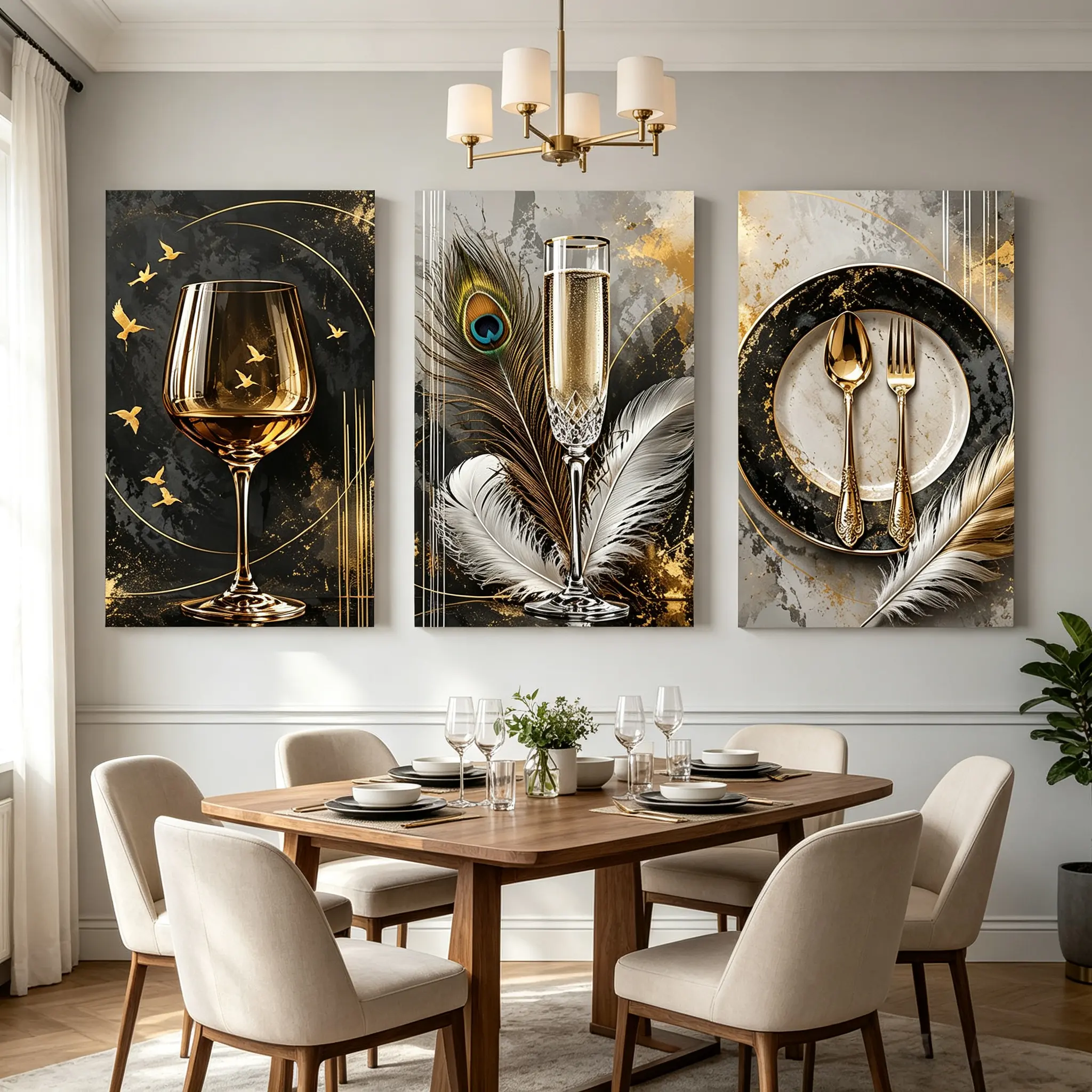 3Pcs 2D Flat Framed Canvas Wall Art - Gold Accent Peacock Feather, Wine Glass, Champagne Tableware Prints on Black Gray Background, Waterproof Ready-To-Hang Home Decor, Gift for Birthday, 4th of July, Juneteenth with Plaid, Houndstooth, Marble Accents, Mo