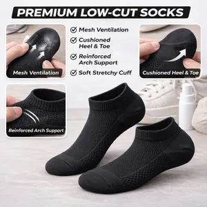 Premium ankle socks with breathable mesh, cushioned heel and toe areas, suitable for running and casual wear.