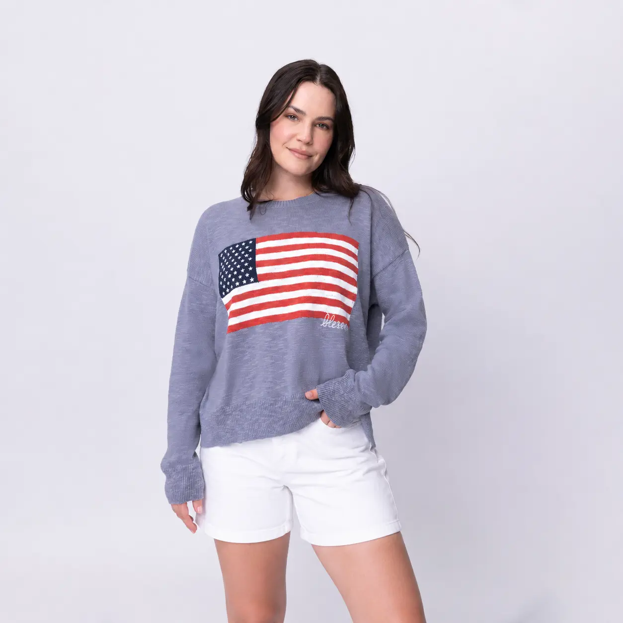Love in Faith Women's Inspirational Blessed Flag Graphic Pullover Sweater, Relaxed Fit Cotton Crewneck with Rib Trim, Crew Neck