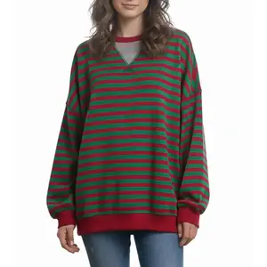 Women's striped sportswear casual long sleeved round neck contrasting pullover loose top