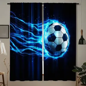 2pcs Background Blue Flame Soccer Galaxy Print Curtains, Glow in the Dark Soccer Design for Gaming Room and Sports Theme Space