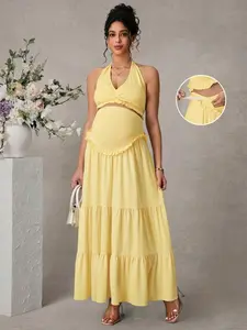 NANCY Maternity Yellow 2-Piece Maternity Set - Chic Twist Knot Camisole & Tiered Maxi Dress for Pregnancy Photoshoots