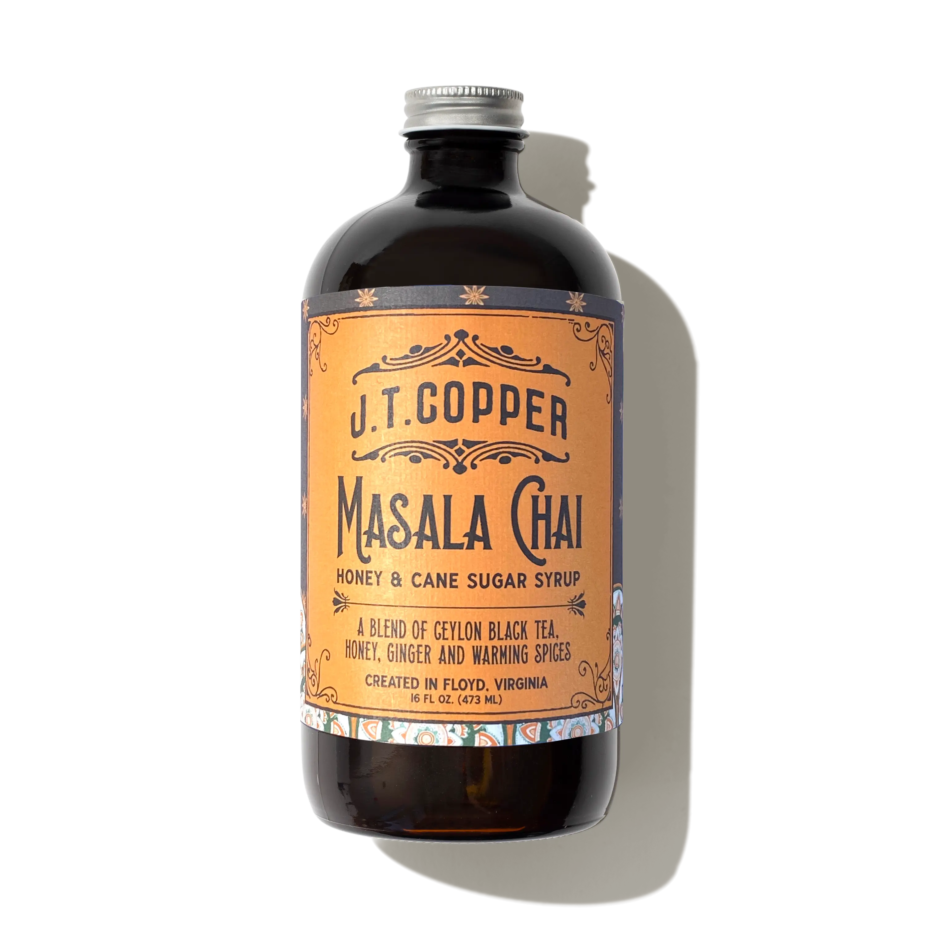J.T. Copper Masala Chai Syrup Beverage Sweet - Organic Honey & Cane Sugar Blend for Chai Lattes & Cocktails - 16 fl. oz. Glass Bottle