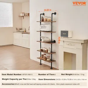 VEVOR Industrial Pipe Shelf, 5 Tier 24x9.84in, Wall-Mount Floating Rustic Wood Shelves Bracket Display Bookshelf, Storage Rack Sundries Holder for Kitchen Bedroom Bathroom Living Room, Black