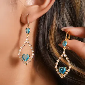 18K Gold Plated Hollow Teardrop Sea Blue Topaz Heart Gemstone Dangle Earrings for Women, Hypoallergenic Cubic Zirconia Earrings, Elegant Chandelier Drop Earrings, Statement Jewelry Gifts Fashion