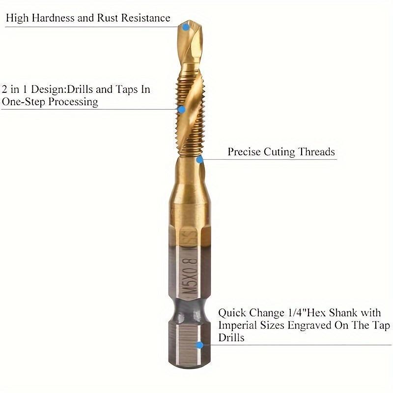 6 PCS Titanium-Coated Drill Bit Set, High Speed Steel Tap Drill Bit, Hex Shank M3 to M10 Sizes for Wood, Plastic & Metal, Quick Change
