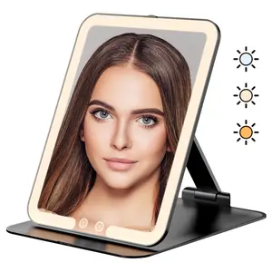 Auxmir Rechargeable Foldable Travel Makeup Mirror, 3Dimmable Color Temperature Lights with Touch Control,Adjustable Height & Angle, Ideal Gift for Birthdays &Holidays
