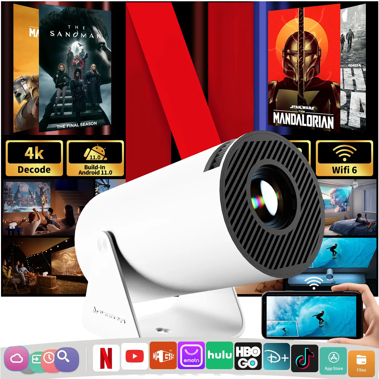 Olymmons HY300 Pro Mini Portable Projector, 4K/260 ANSI Smart Projector With WiFi 6 BT 5.0, Screen Adjustment, Movie Projector With 180 Degree Rotatio