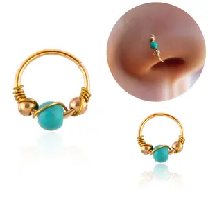 20G 316L Stainless Steel Turquoise C Shape Nose Ring for Women, Boho Hand Wrapped Septum Clicker Piercing Jewelry, Hypoallergenic Nose Ring