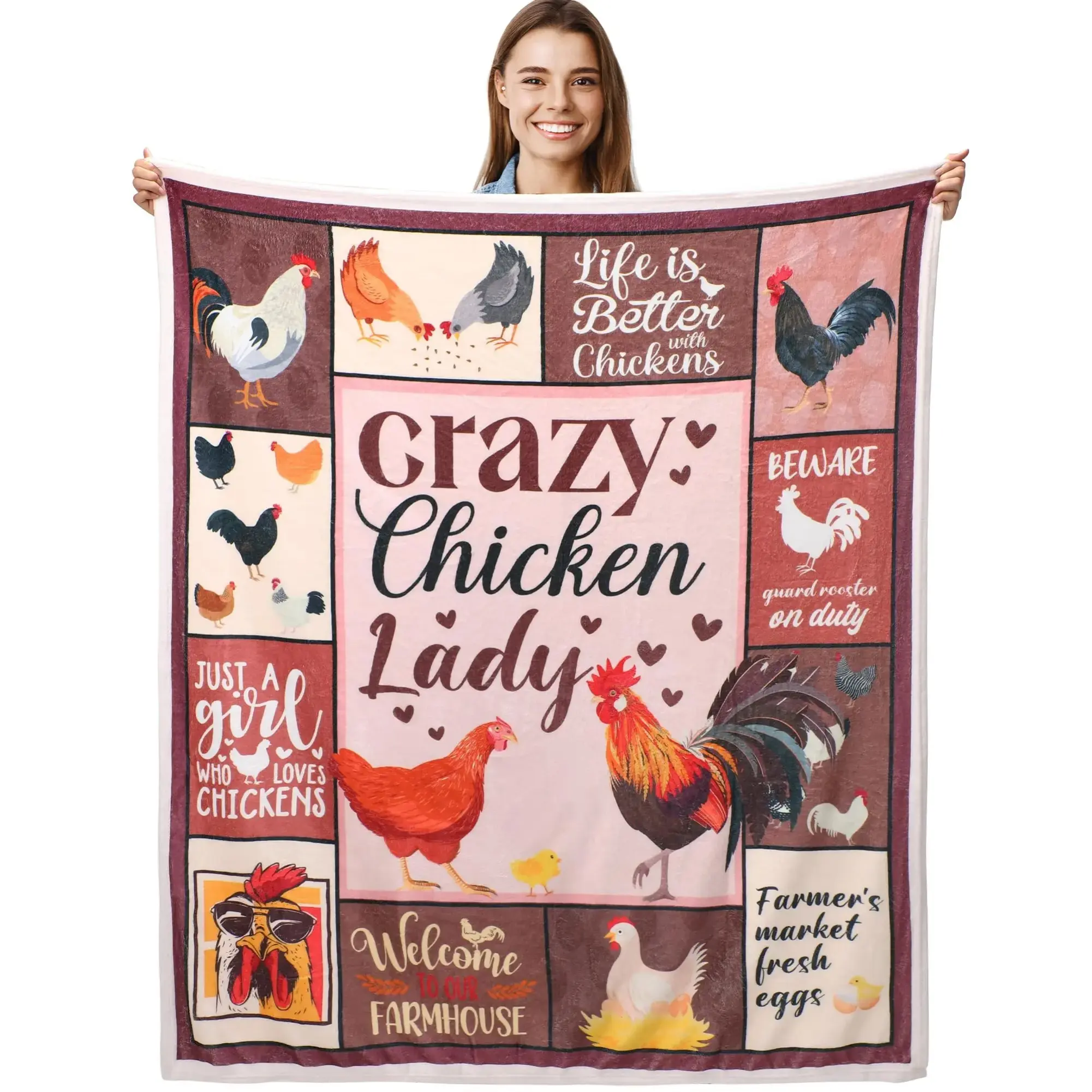 Chicken Themed Polyester Flannel Throw Blanket - Soft, Cozy Women's Farmhouse Decor Gift for Chicken Lovers