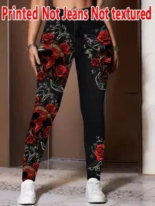 Women's Imitation Denim Skinny Pants, Denim Print Design, Stylish Comfortable Fit for Everyday Wear, Chic Comfy Pants