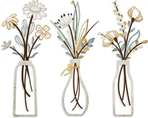 【Holiday Haul】3-Pack Metal Flower Wall Art – Rustic Farmhouse Beige Floral Decorations for Living Room, Bedroom, Bathroom, or Dining Room – Minimalist Vase Design, Housewarming Gift