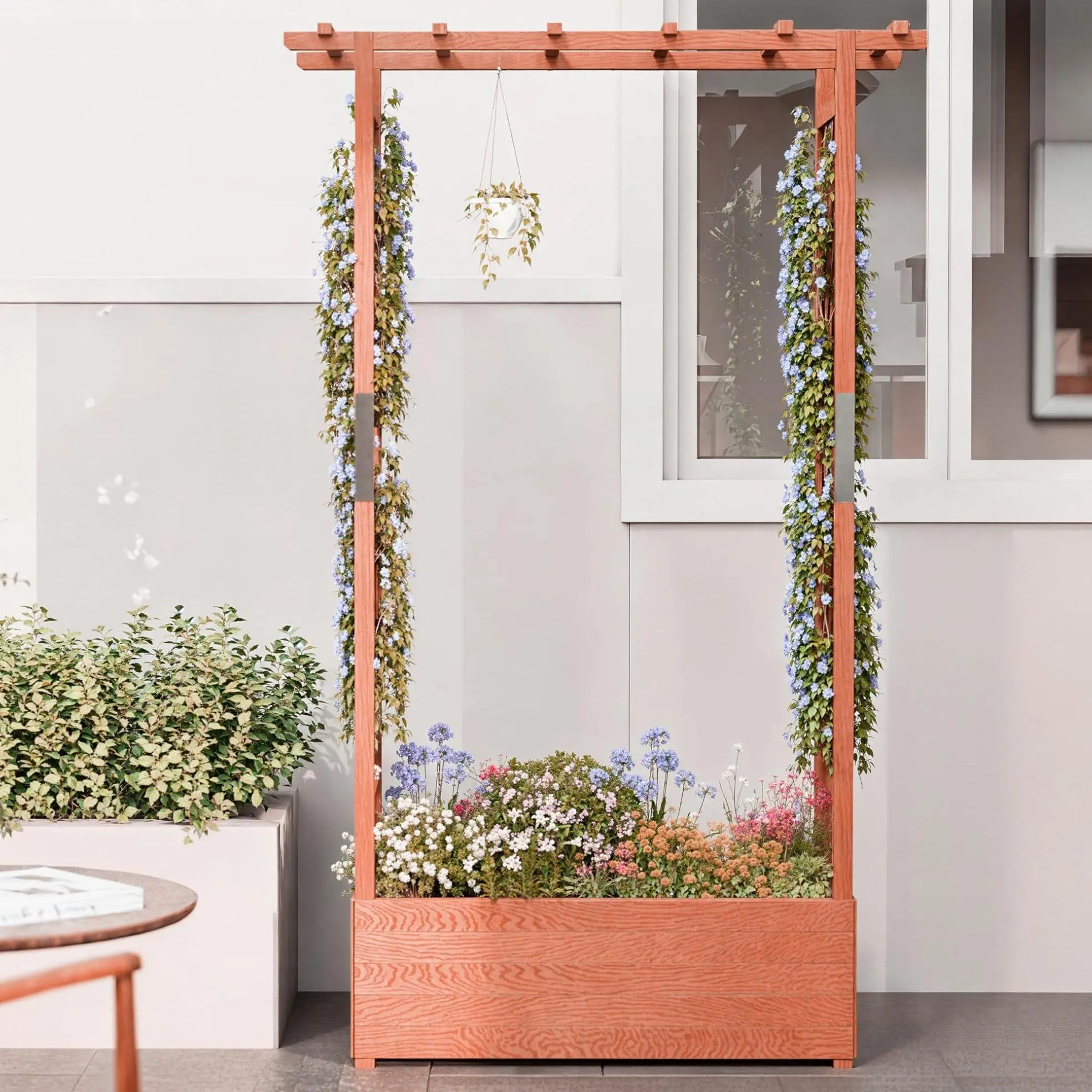 Raised Garden Bed with Trellis, Wood Planter Box with Hanging Roof, Side Trellis, 4 Drainage Holes, Elevated Garden Bed for Outdoor Climbing Plants, Vines, Patio 43.3''x17.3''