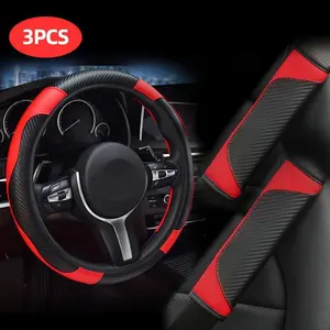 Car Steering Wheel Cover Set, PU Leather Steering Wheel Cover & Carbon Fiber Shoulder Pads, Non-slip Car Wheel Cover Protector, Universal Car Interior Accessories, Automotive Decorative Accessories, Car Interior Kit