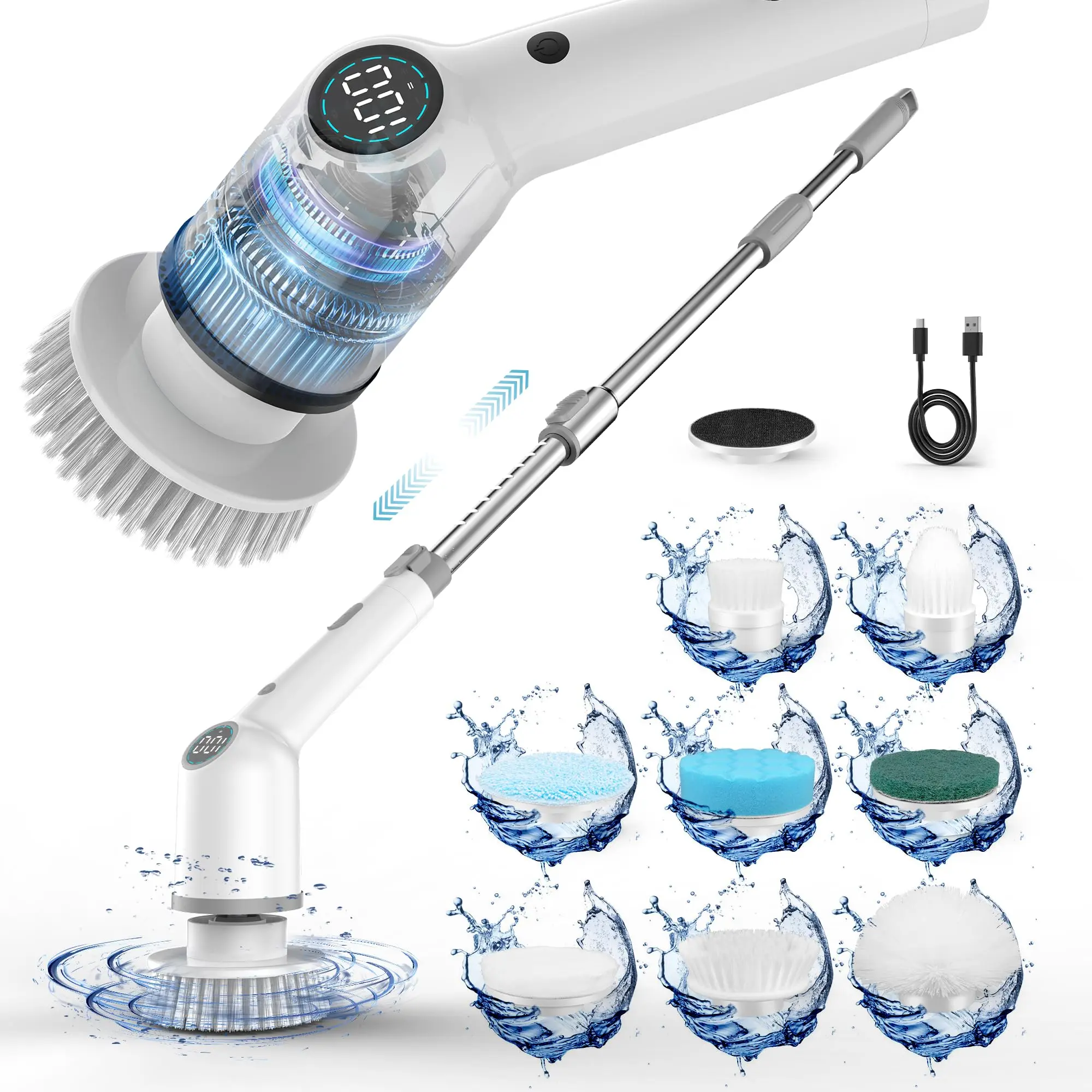 Electric Spin Scrubber, 9 in 1 Shower Cleaning Brush with 8 Replaceable Heads, Cordless Cleaning Spin Brush with LED Screen, Adjustable Speeds and Long Handle for Bathroom Tub, Kitchen, Home Floor powerscrubber