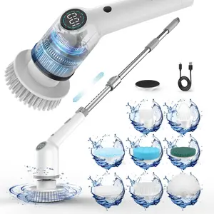 Electric Spin Scrubber, 9 in 1 Shower Cleaning Brush with 8 Replaceable Heads, Cordless Cleaning Spin Brush with LED Screen, Adjustable Speeds and Long Handle for Bathroom Tub, Kitchen, Home Floor powerscrubber