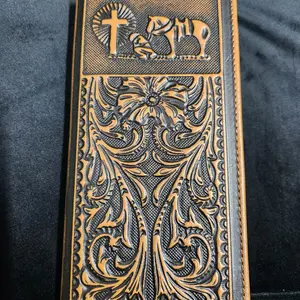 Western Long Size Leather Wallet with Intricate Embossed Design and Cross Horse Motif
