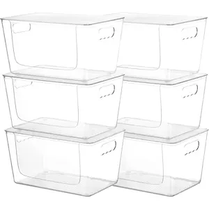6 Pack Clear Open Front Storage Bins with Lids, Large Stackable Plastic Container Organizer with Handle for Pantry Storage, Kitchen Counter Top, Cabinet, Shelf, Bathroom Organization