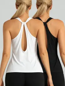 2 Pack Women's Athletic Tank Tops, Crew Neck Open Back Stylish Sleeveless Tops, Moisture Wicking Breathable Layering Shirts for Spring Summer Gym Yoga Running