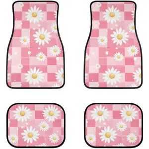 Pink Checkered with Daisies 4-Piece Car Floor Mats, Auto Foot Mats All Weather Universal Fit Car Decor Accessories Fit for SUV, Vans, Sedans, Trucks ﻿