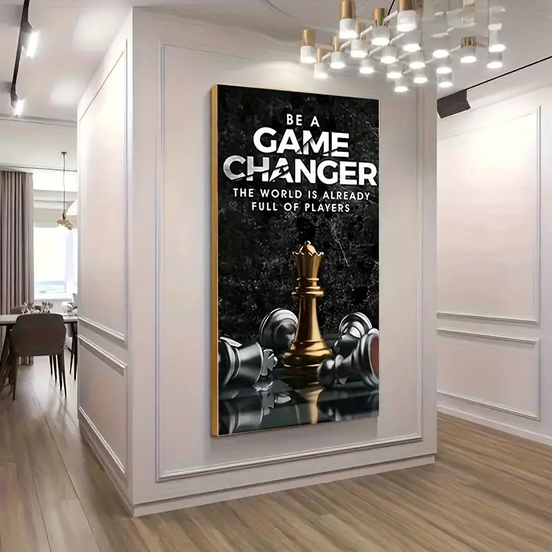 Large Frame-Style Modern Abstract Canvas Wall Art Print - Motivational Quote Print with "Be a Game Changer" Chess King & Crown Design, Home Decor Gift for Living Room, Bedroom