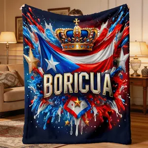 Puerto Rico Pride Flannel Blanket - Vibrant Puerto Rican Flag Design with Crown and Stars, Comfortable All-Season Comfort, Suitable for Sofa, Office, or Outdoor Use - Perfect for Christmas, Weddings, Birthdays, Event Gift Blanket |   Vintage Style Blanket