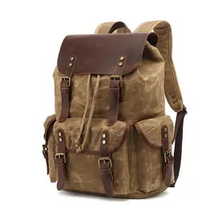 Women's Vintage Waxed Canvas Backpack for School, Large Travel Laptop Backpack with Distressed Cowhide Leather Trim, Multi Pocket 15.6 Inch Computer Bag for Work, College, Hiking and Daily Commuting