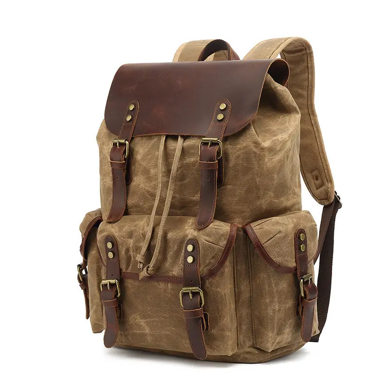 Women's Vintage Waxed Canvas Backpack with Distressed Leather Trim, Large Capacity 15.6-in Laptop Bag for Hiking & School, Large Cap.