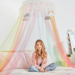 Rainbow Bright Canopy Rainbow Bed Canopy for Girls Hanging Net Canopy for Beds Chairs & Reading Corners 8’ Height & 24’ Diameter Hoop for Ages 6+