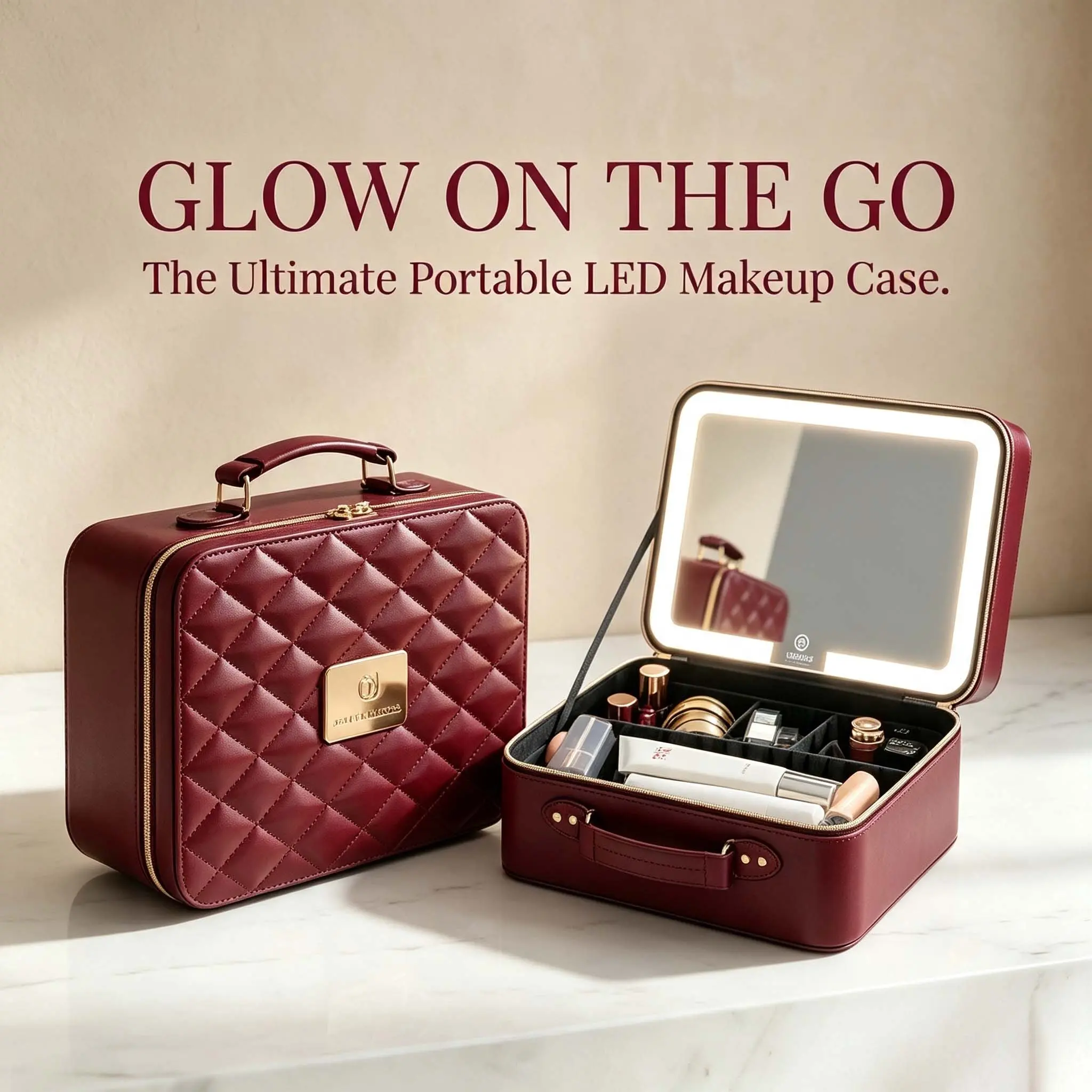 Luxury Retro Makeup Case with Built-in LED Light Mirror, makeup bag with led mirror，Chic Quilted PU Leather Portable Vanity Bag with Handle, Dustproof Multi-Compartment Travel Cosmetic Organizer Handbag