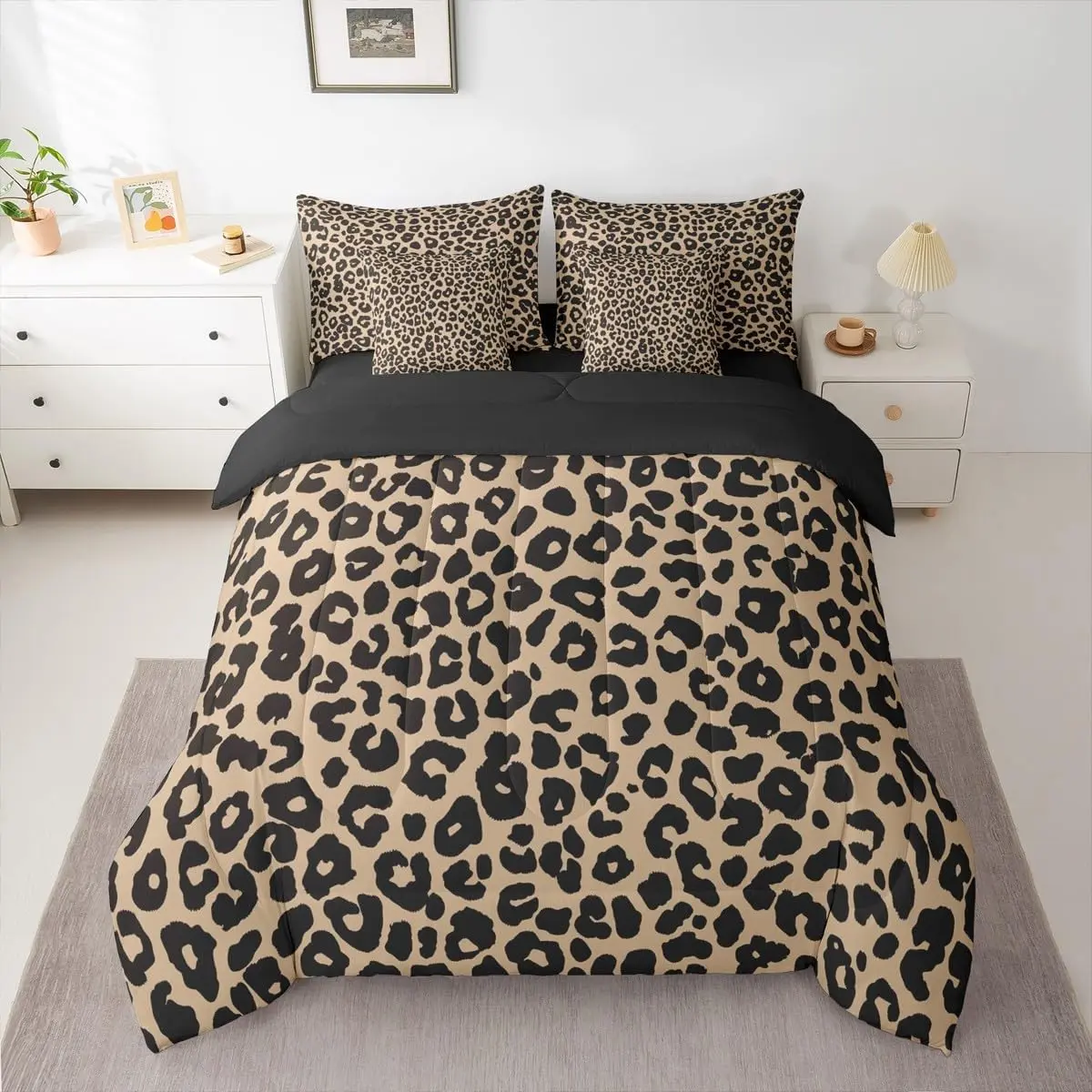 Leopard Print Comforter Set with Sheets Cheetah Print 7 Pieces Bedding Set Black Brown Bed in a Bag Modern Art Room Decor Soft Lightweight Microfiber