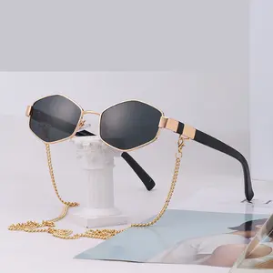 Trendy Retro Hexagon Sunglasses with Detachable Chain for Women - Fashionable Hexagon Frame, Exquisite Metal Hinge, Stylish Eyewear